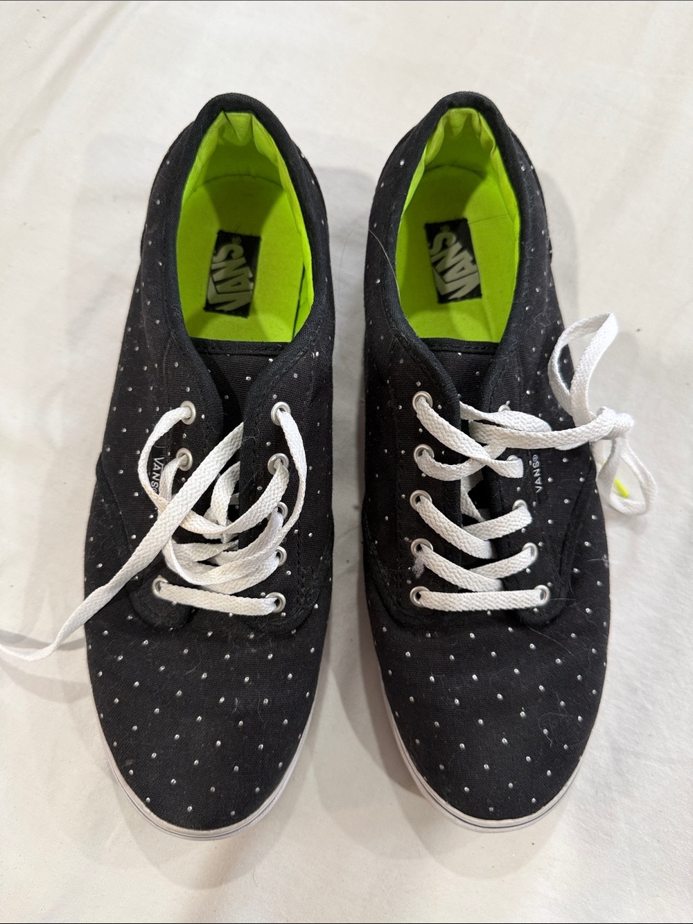 Vans Kids Black Canvas Sneakers with White Polka Dots and Lime Green Lining